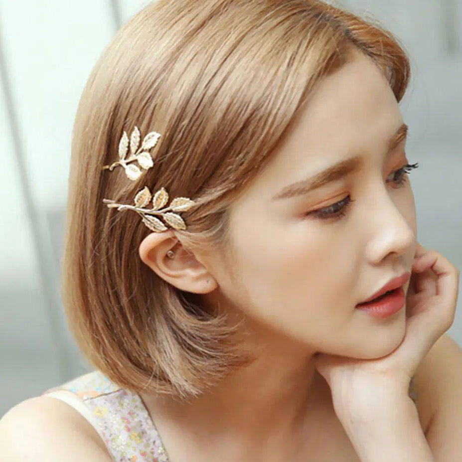 2 Pcs Five Dimensional Leaves Hairpin Golden