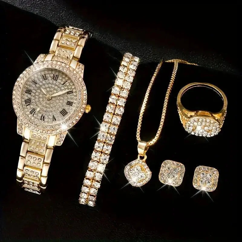 Women's Crystal Watch, Diamond-Studded Bracelet, Pendant Necklace, Crystal Ring, Stud Earrings