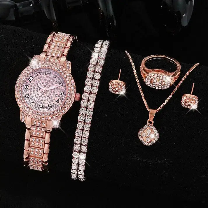 Women's Crystal Watch, Diamond-Studded Bracelet, Pendant Necklace, Crystal Ring, Stud Earrings