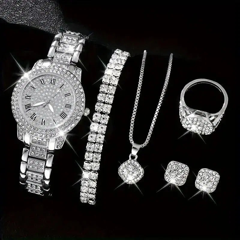 Women's Crystal Watch, Diamond-Studded Bracelet, Pendant Necklace, Crystal Ring, Stud Earrings